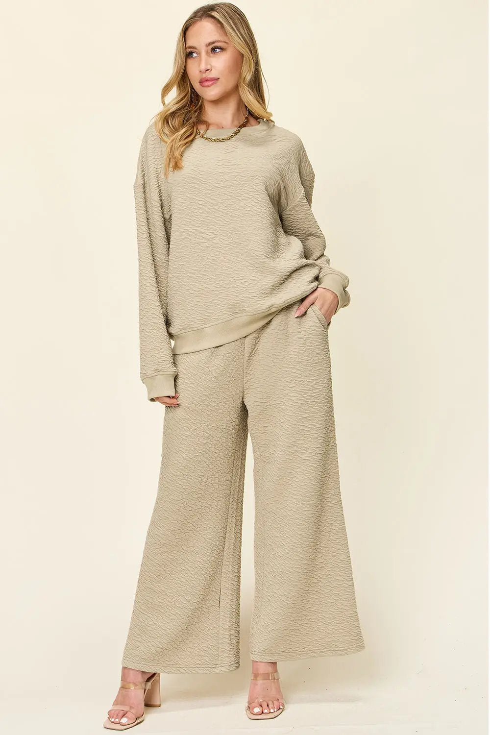 Double Take Full Size Texture Long Sleeve Top and Pants Set - Love Salve