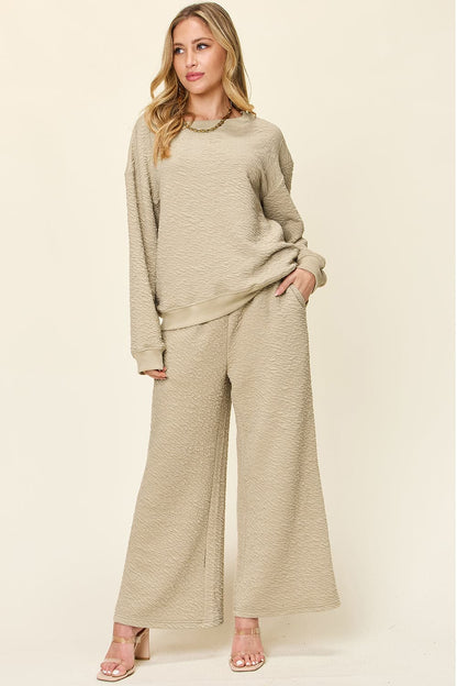 Double Take Full Size Texture Long Sleeve Top and Pants Set.