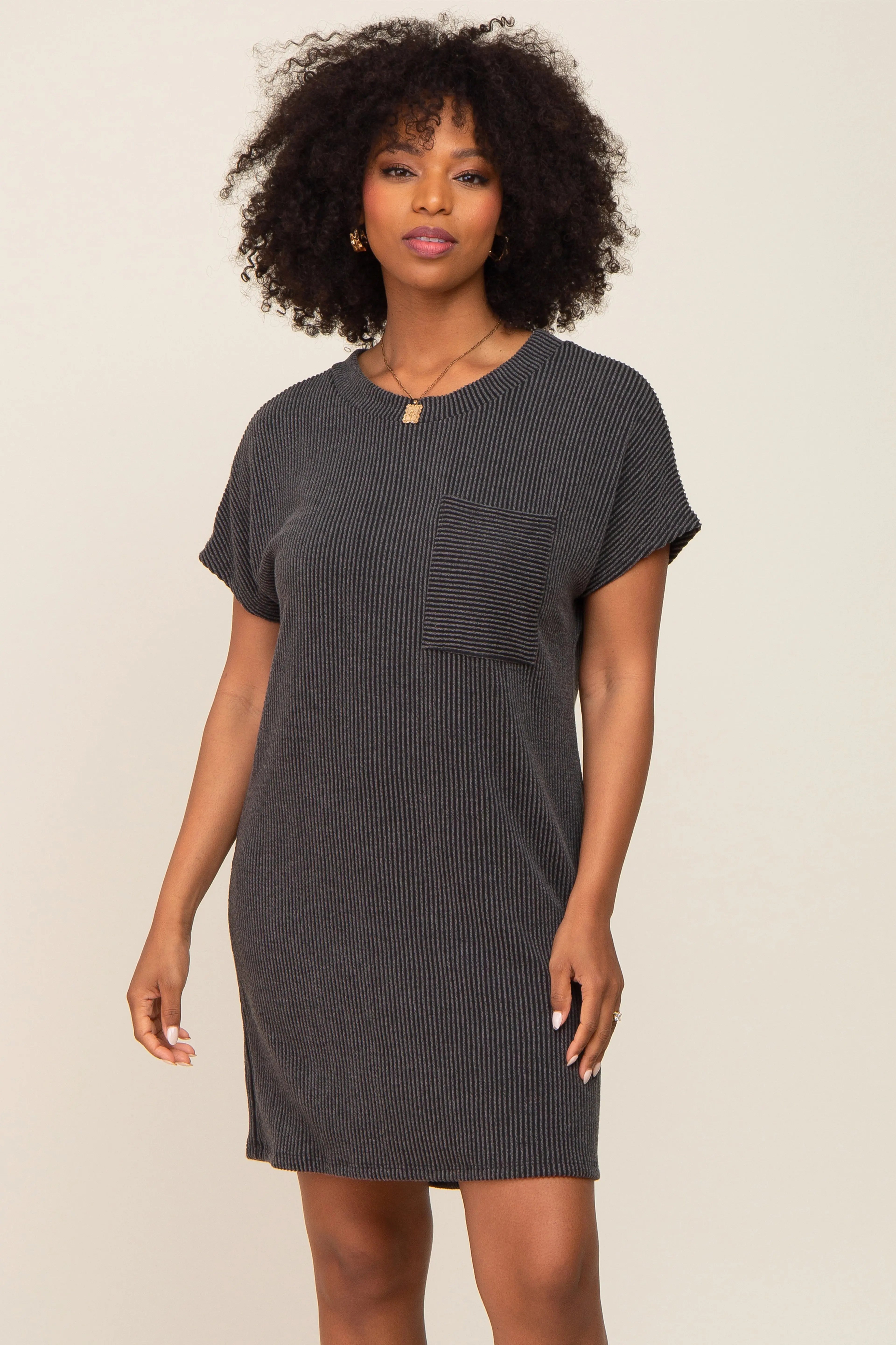Charcoal Ribbed Knit Front Pocket Dolman Short Sleeve Dress PinkBlush
