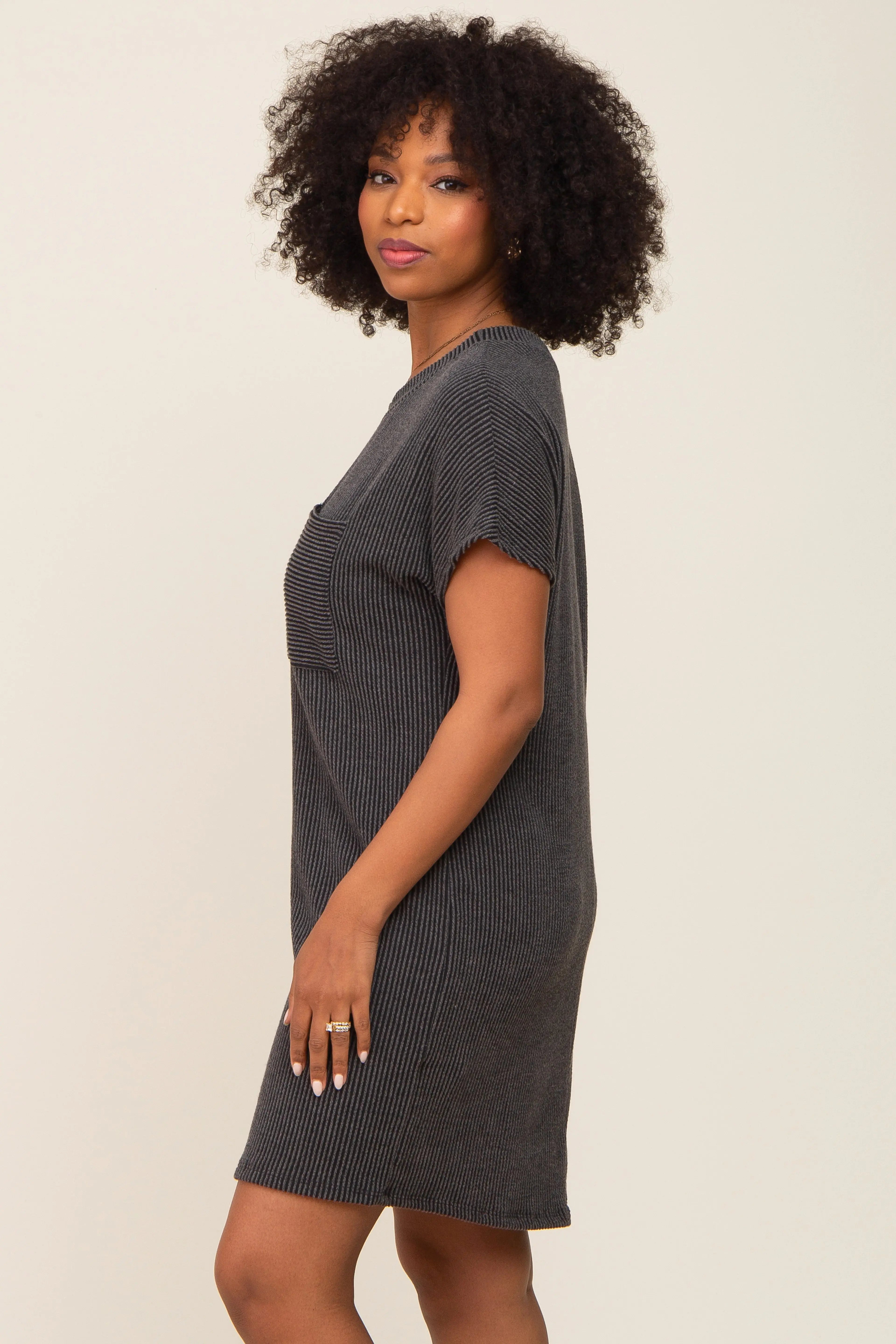 Charcoal Ribbed Knit Front Pocket Dolman Short Sleeve Dress PinkBlush