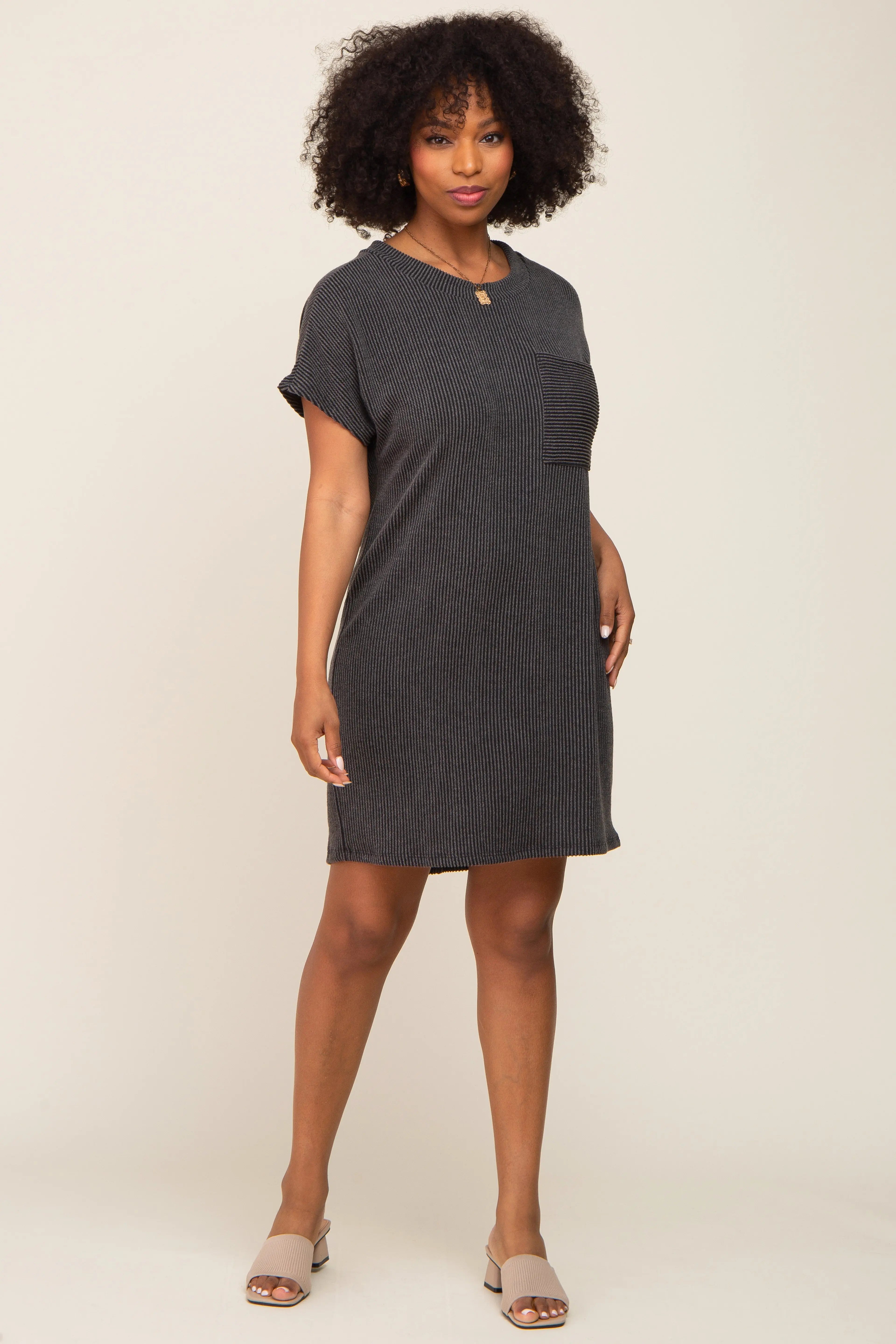 Charcoal Ribbed Knit Front Pocket Dolman Short Sleeve Dress PinkBlush
