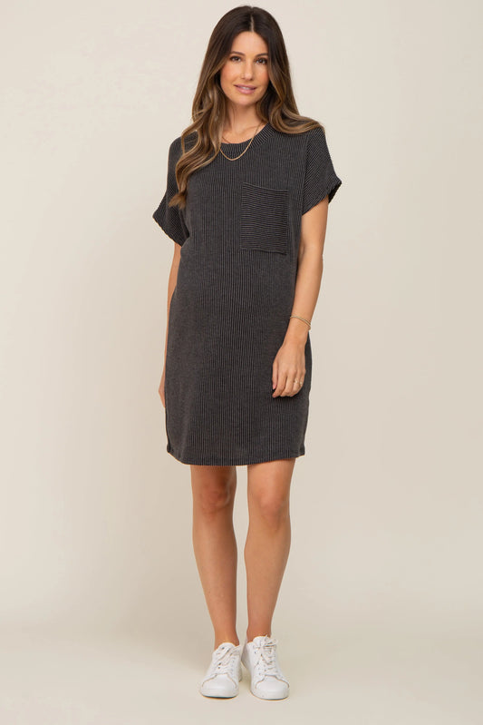 Charcoal Ribbed Front Pocket Dolman Short Sleeve Maternity Dress PinkBlush