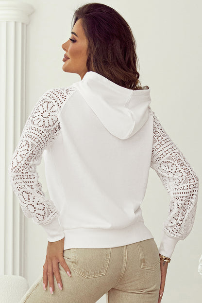 Elegant white lace sleeve hoodie with drawstring and cozy hood