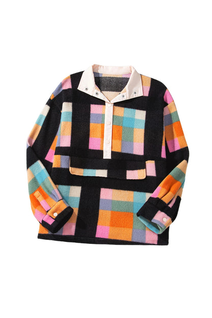 Cozy checkered sherpa henley sweatshirt for plus sizes