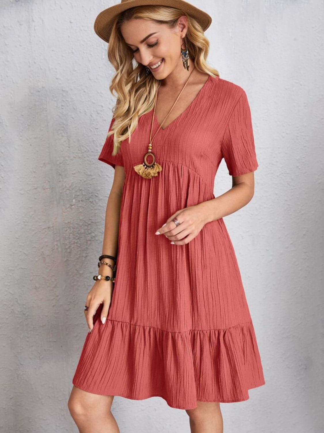 Full Size V-Neck Short Sleeve Dress.