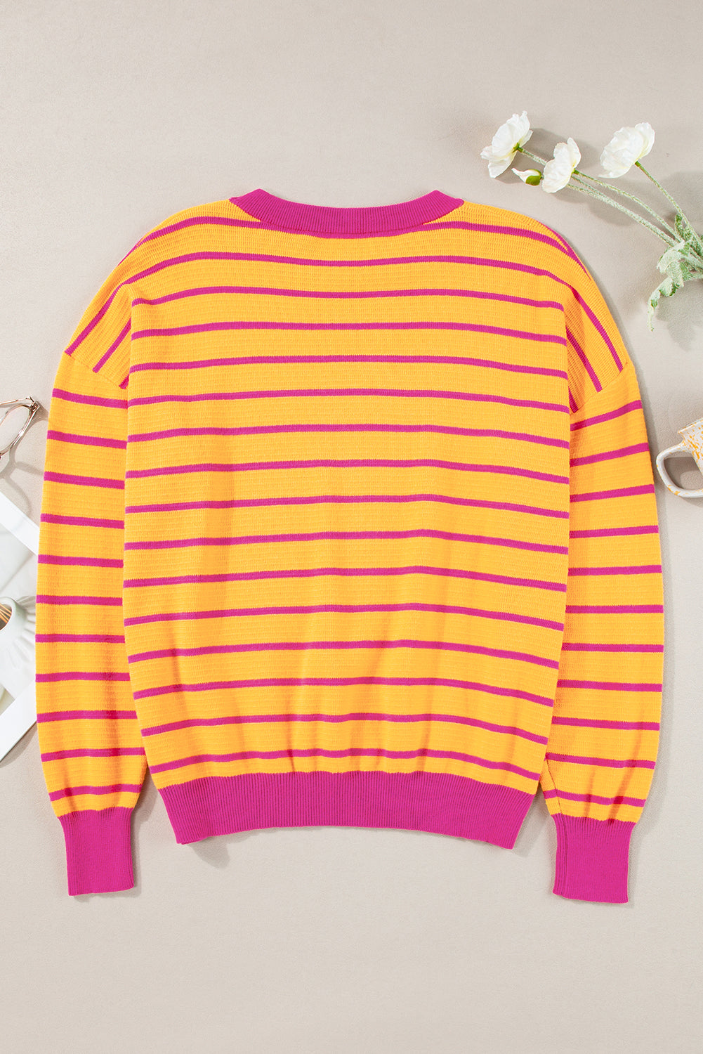 Casual orange striped drop shoulder sweater with round neckline