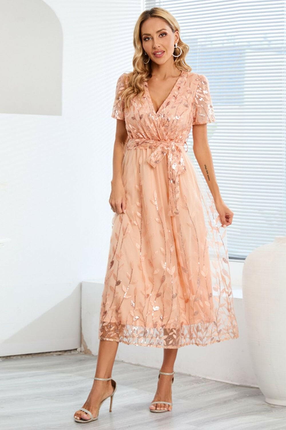 Sequin Leaf Embroidery Tie Front Short Sleeve Dress.