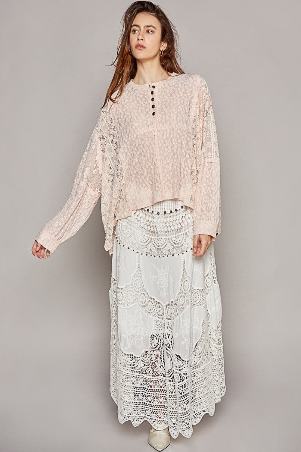 POL Round Neck Long Sleeve Raw Edge Lace Top.