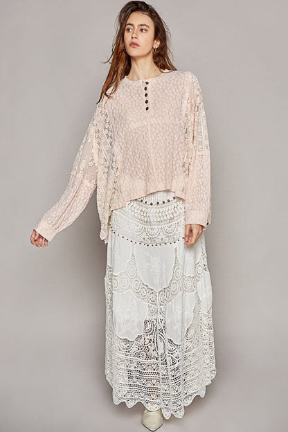 POL Round Neck Long Sleeve Raw Edge Lace Top.