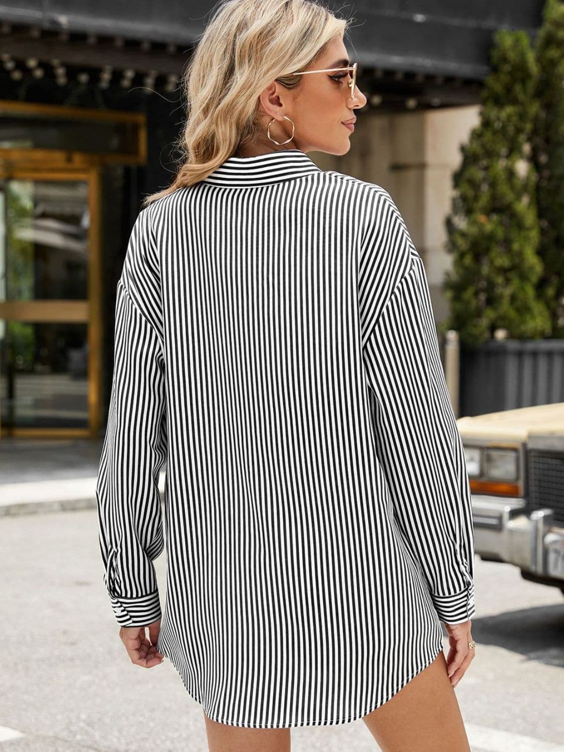 Pocketed Striped Collared Neck Long Sleeve Shirt.