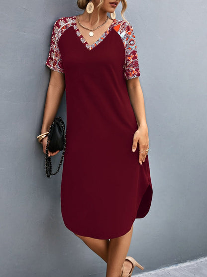 Printed V-Neck Short Sleeve Dress.