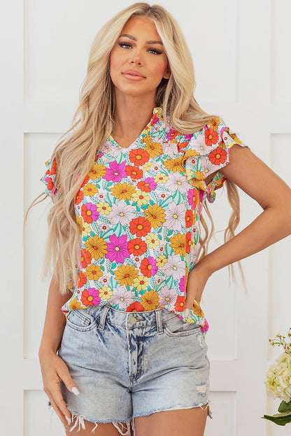 Yellow Floral Print Shirred Tiered Ruffled Sleeve Blouse