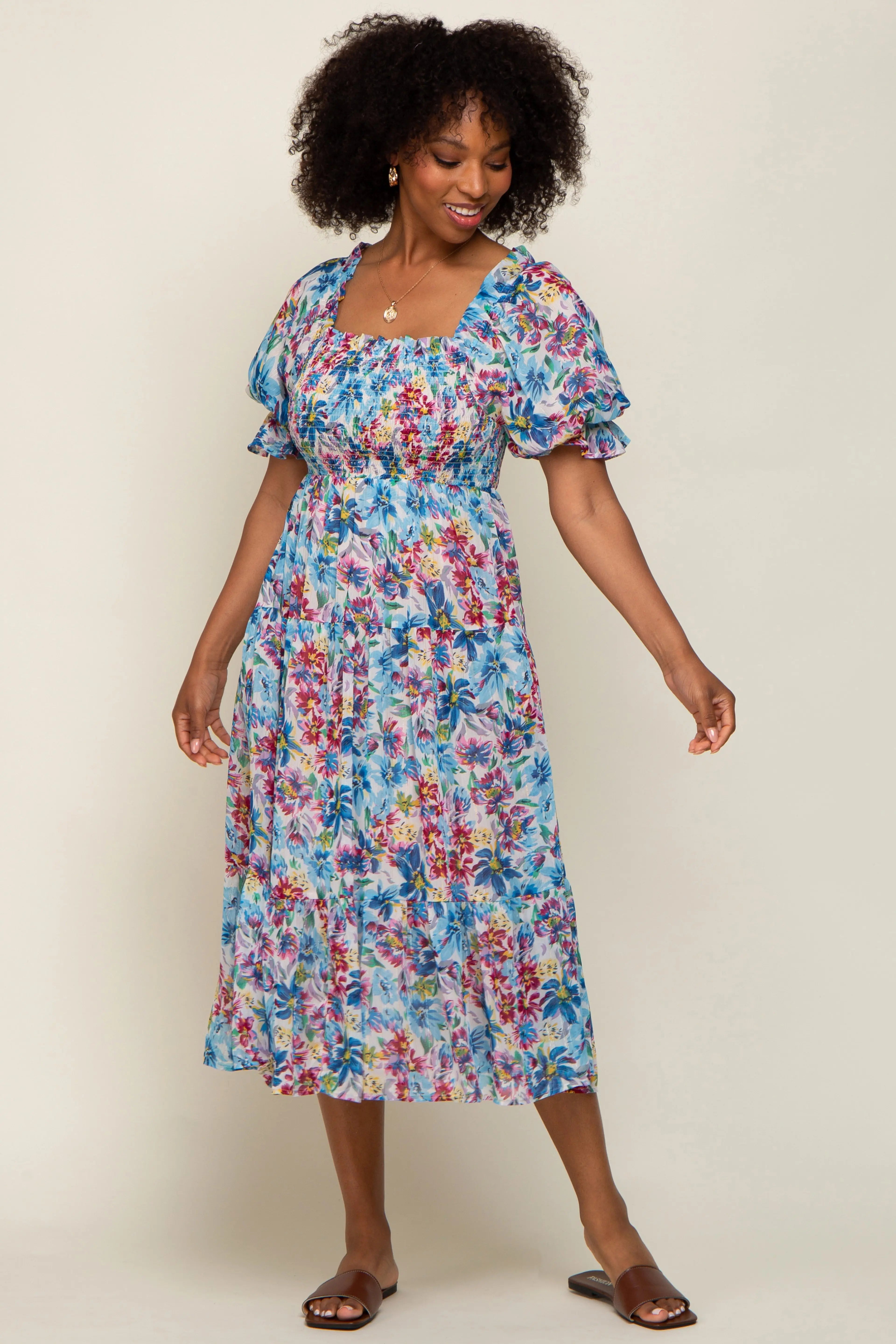 Blue Floral Shimmer Chiffon Ruffle Square Neck Smocked Midi Dress PinkBlush
