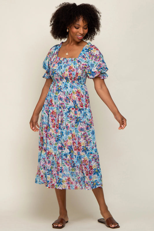 Blue Floral Shimmer Chiffon Ruffle Square Neck Smocked Midi Dress PinkBlush