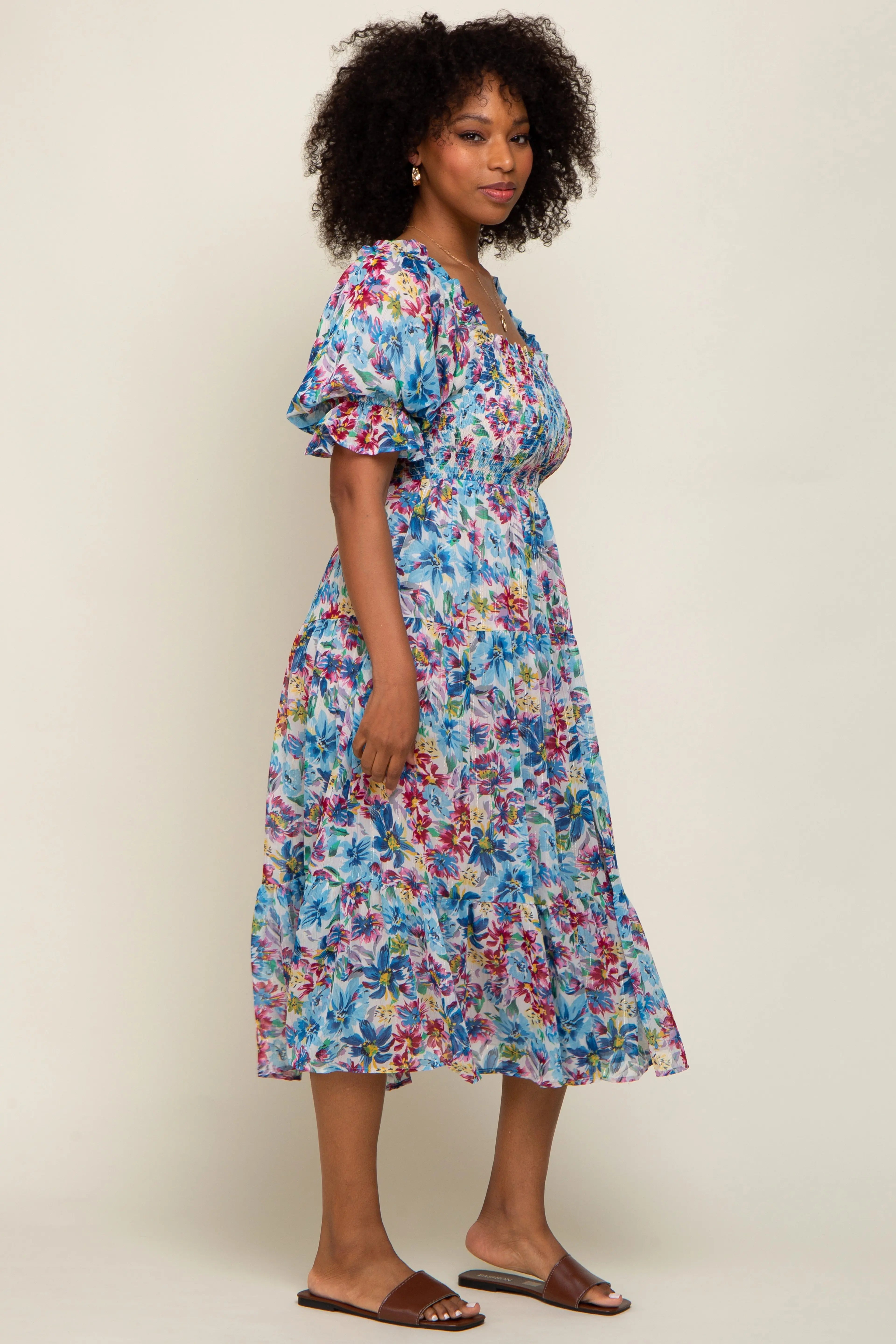 Blue Floral Shimmer Chiffon Ruffle Square Neck Smocked Midi Dress PinkBlush