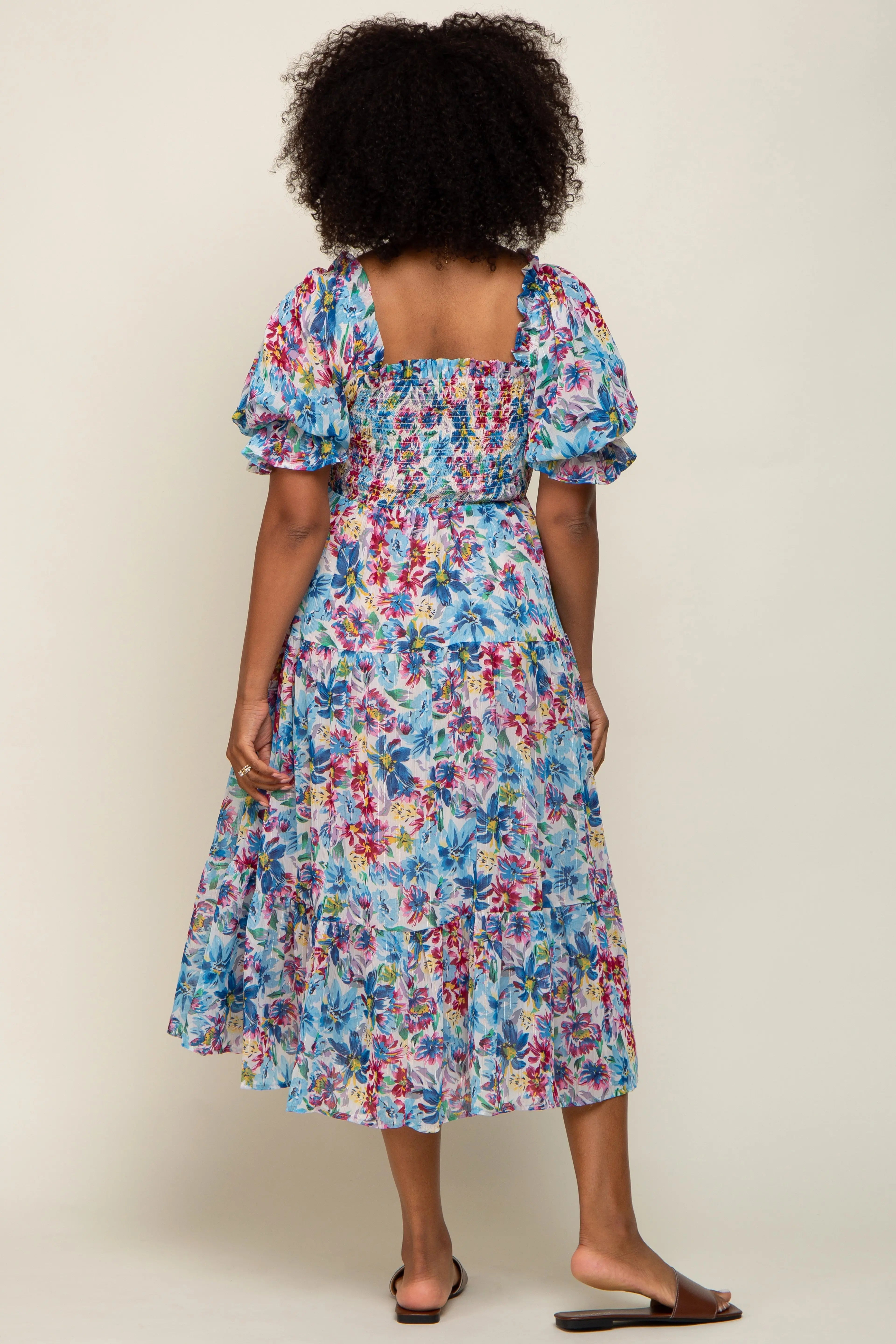 Blue Floral Shimmer Chiffon Ruffle Square Neck Smocked Midi Dress PinkBlush