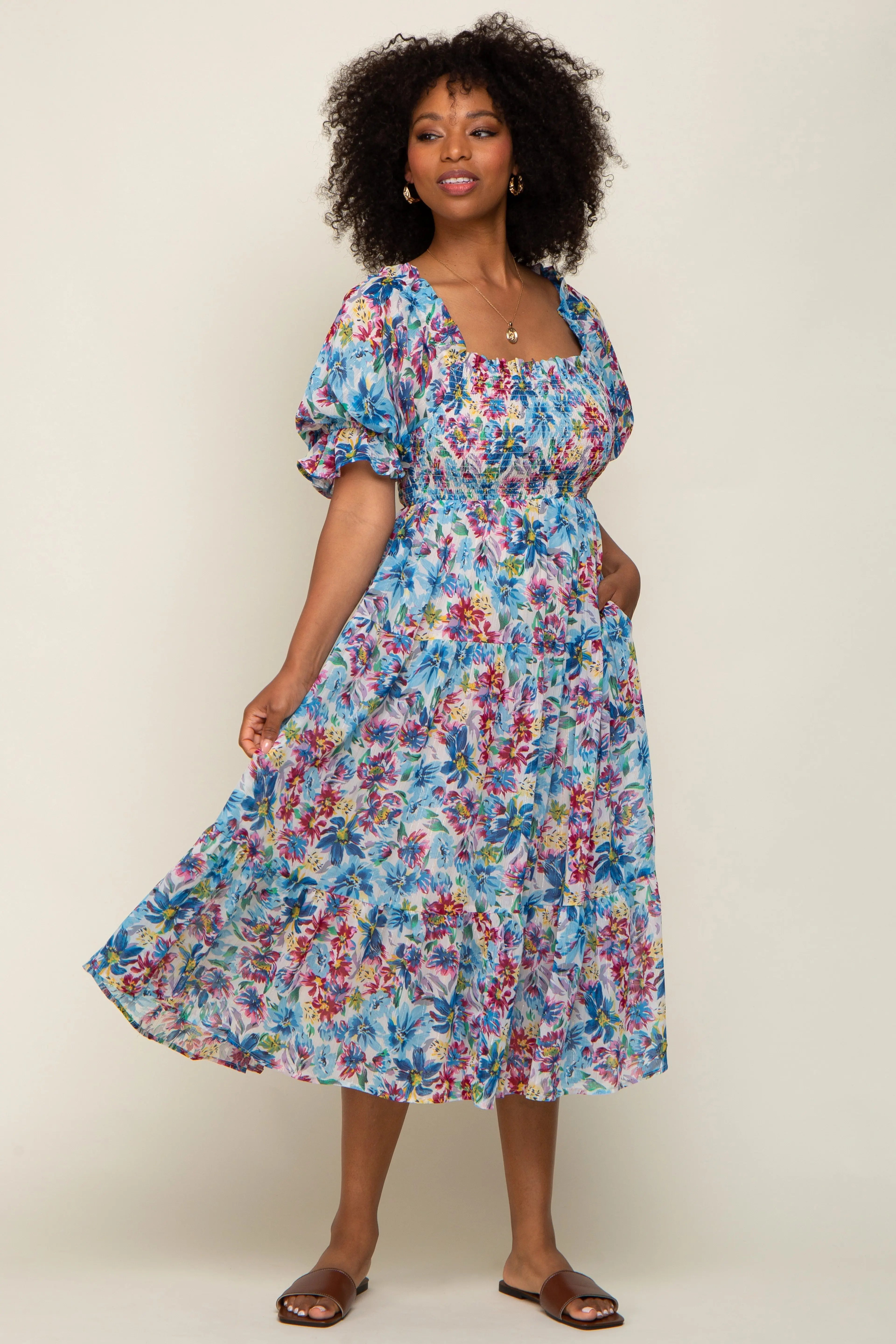 Blue Floral Shimmer Chiffon Ruffle Square Neck Smocked Midi Dress PinkBlush