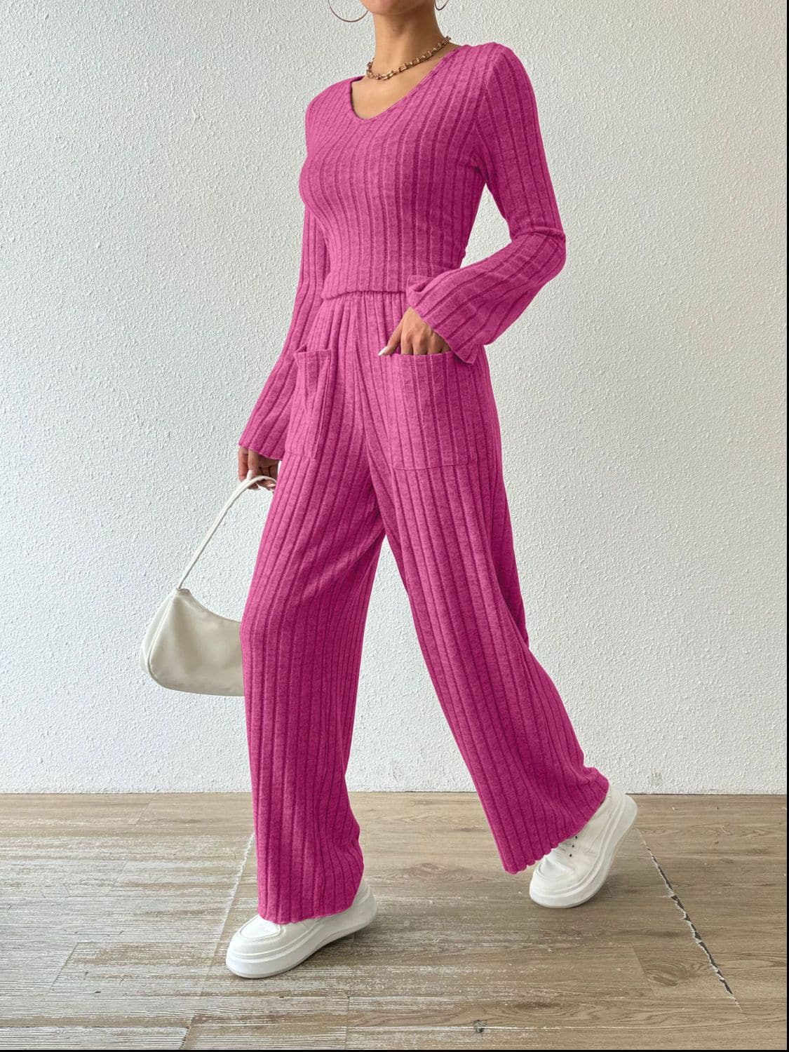 Chic ribbed V-neck long sleeve top and pocketed lounge pants set