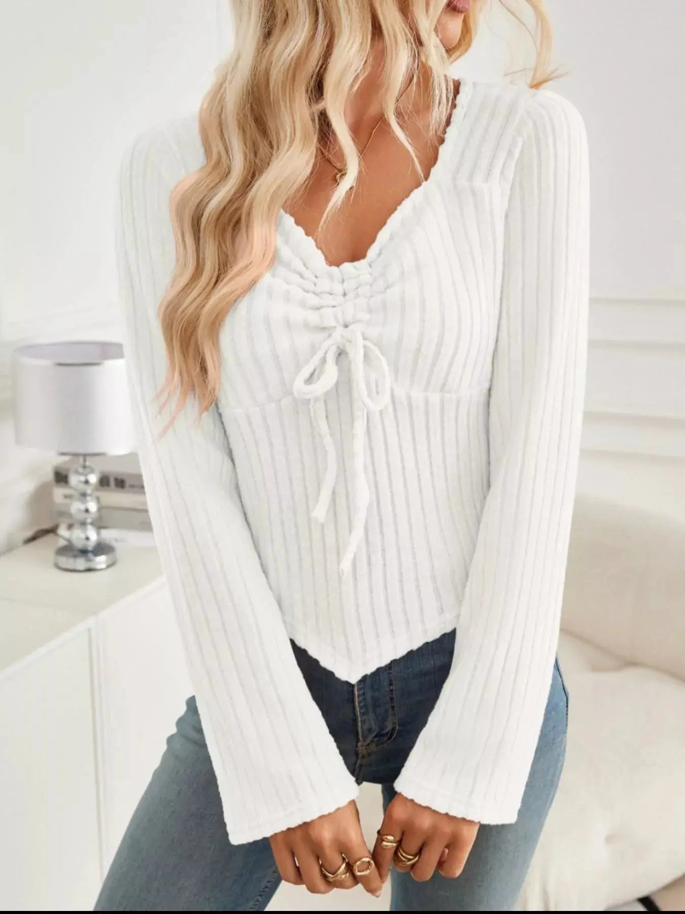 Ribbed Knit Tie Front Long Sleeve Top With Drawstring Detail Simply Love
