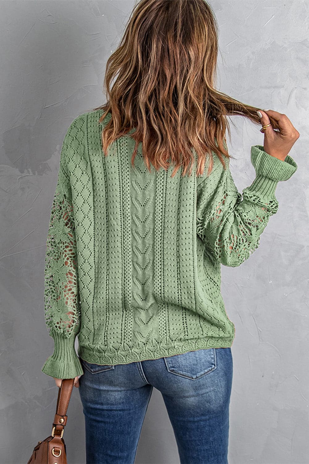 Openwork Lantern Sleeve Dropped Shoulder Sweater.