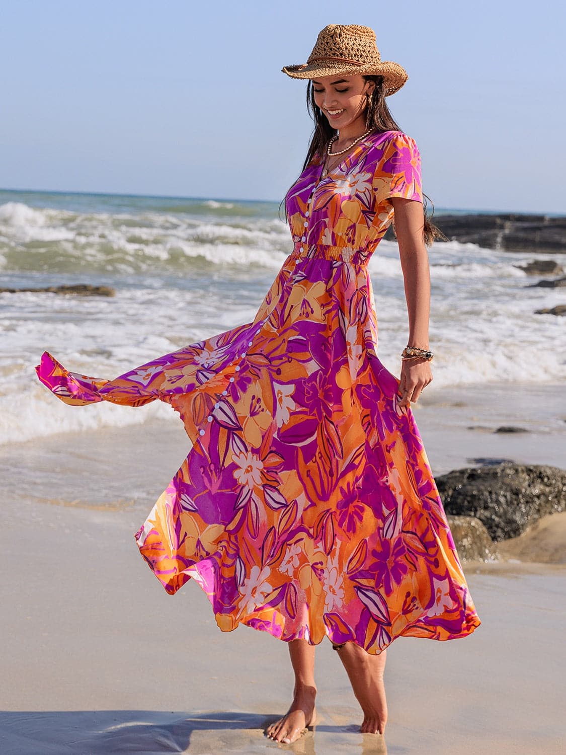 Printed V-Neck Short Sleeve Midi Dress.