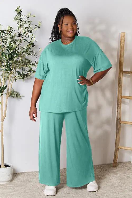 Double Take Full Size Round Neck Slit Top and Pants Set - Love Salve