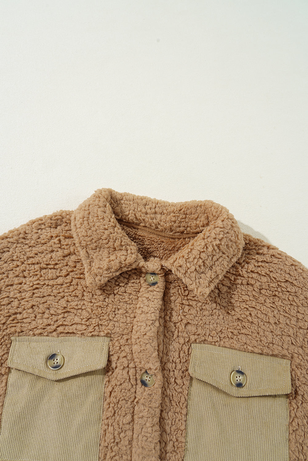 Khaki Single Breasted Teddy Coat with Contrast Flap Pockets