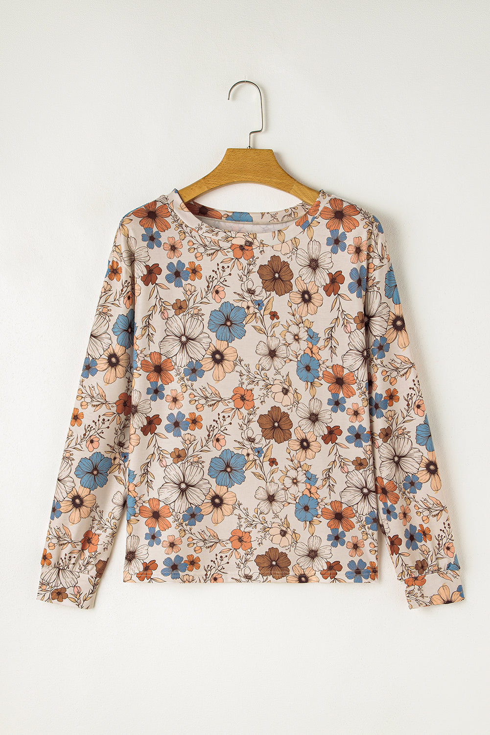 Khaki Floral Print Loose Crew Neck Long Sleeve T Shirt Fashion