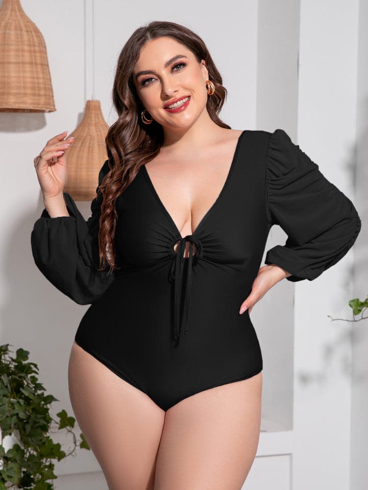 Plus Size Tied Deep V Balloon Sleeve One-Piece Swimsuit.