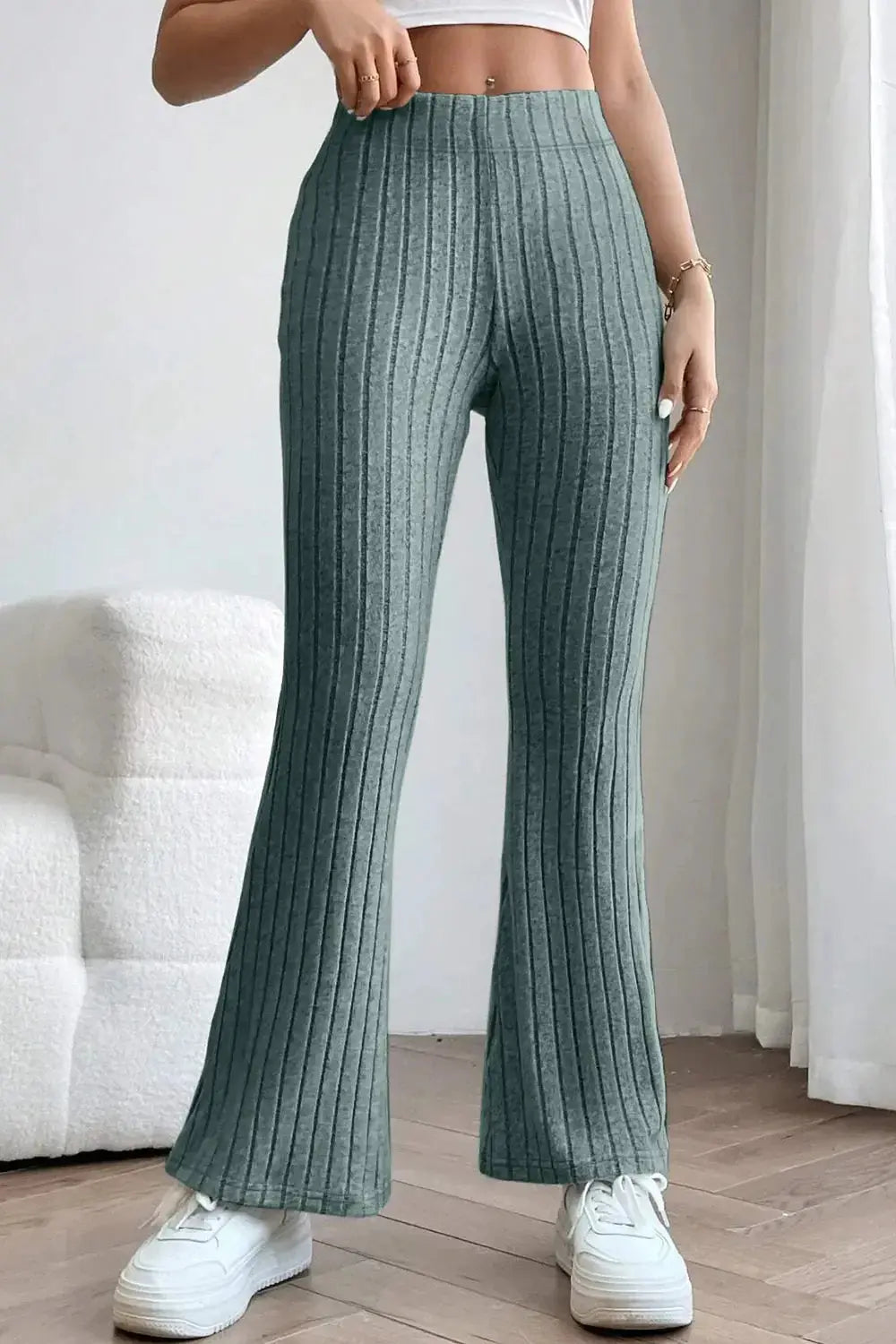 Basic Bae Full Size Ribbed High Waist Flare Pants - Love Salve
