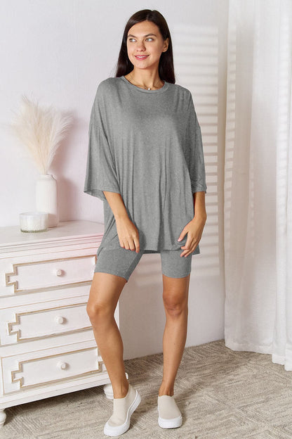 Basic Bae Bamboo Full Size Round Neck Drop Shoulder T-Shirt and Shorts Set.