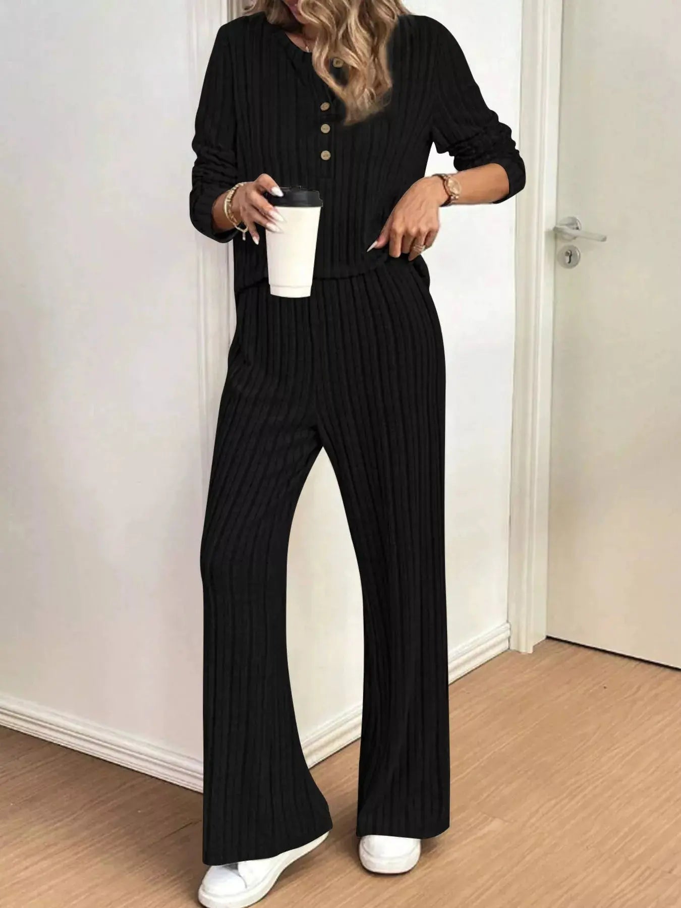 Plus Size Ribbed Knit Button-Front Top and Pants Set Simply Love