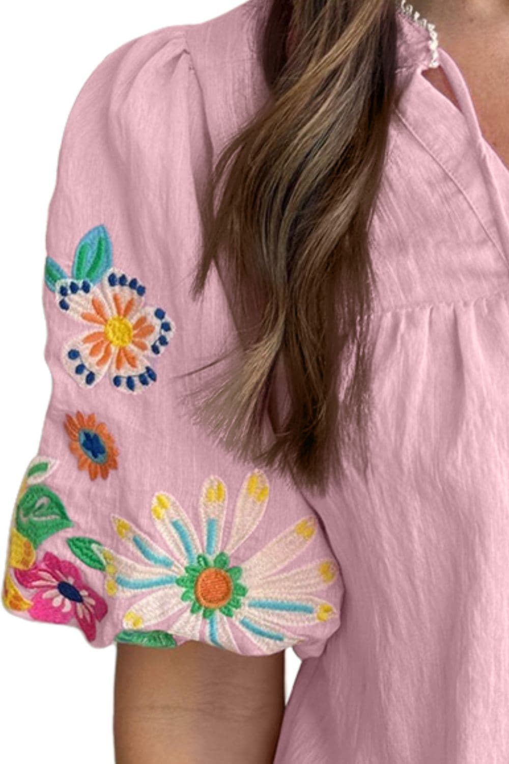 Embroidered Tie Neck Half Sleeve Blouse.