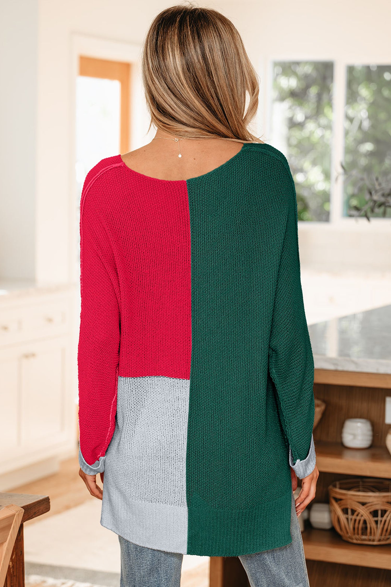 Evergreen Color Block Knit V Neck Loose Sweater for Women - Love Salve
