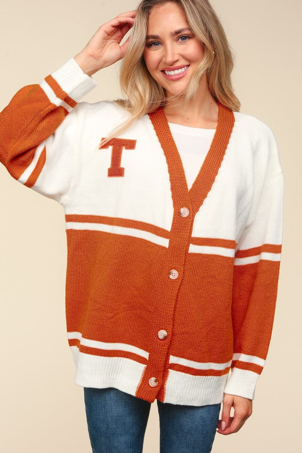 V-neck oversized button cardigan with trendy letter patch