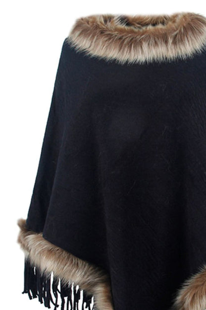 Faux Fur Trim Fringed Poncho.