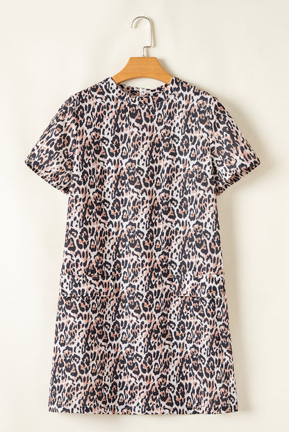 Chic Brown Leopard Print Shift Mini T-Shirt Dress with Crew Neck