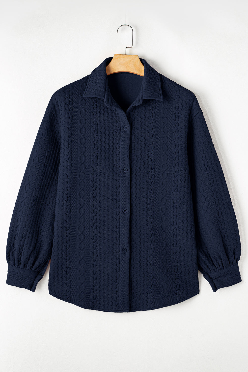 Navy Blue Cable Texture Puff Sleeve Loose Shacket Outfit