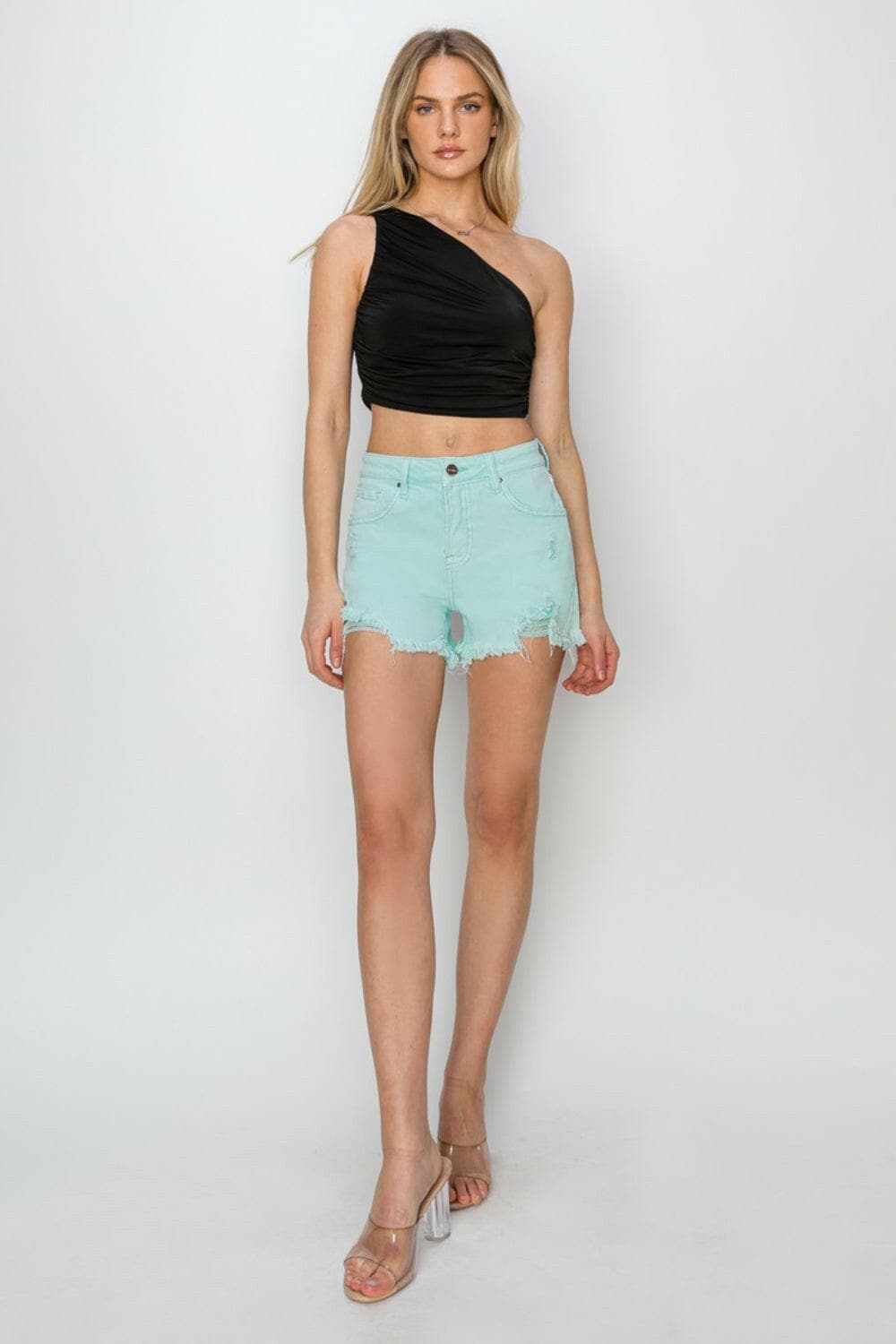 RISEN Mid Waist Frayed Hem Denim Shorts.