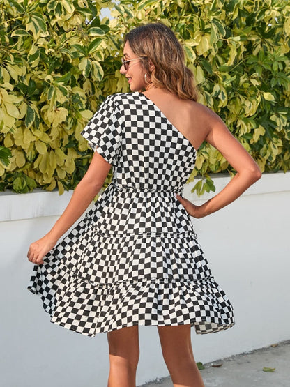 Checkered Single Shoulder Mini Dress.