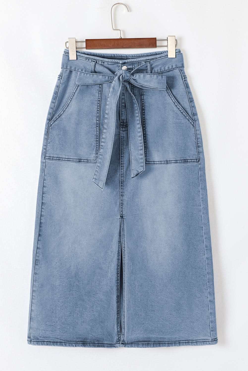 Dusk Blue High-Waisted Belted Midi Denim Skirt with Split Detail