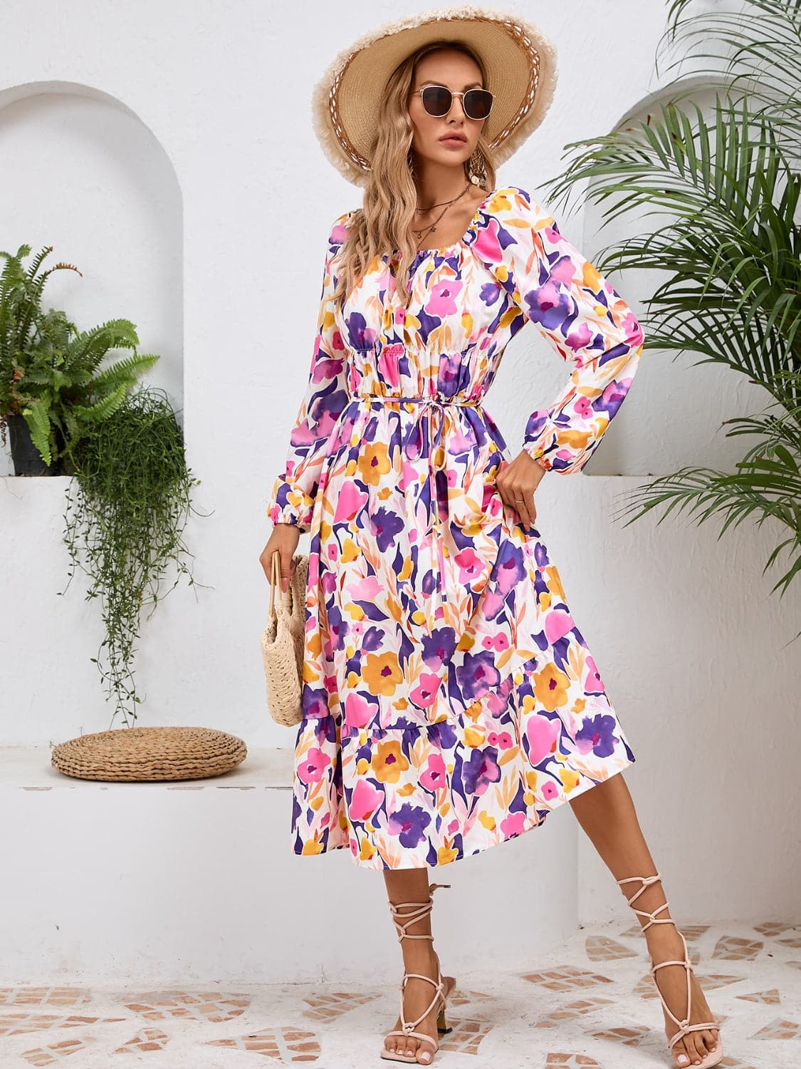 Printed Long Sleeve Midi Dress.