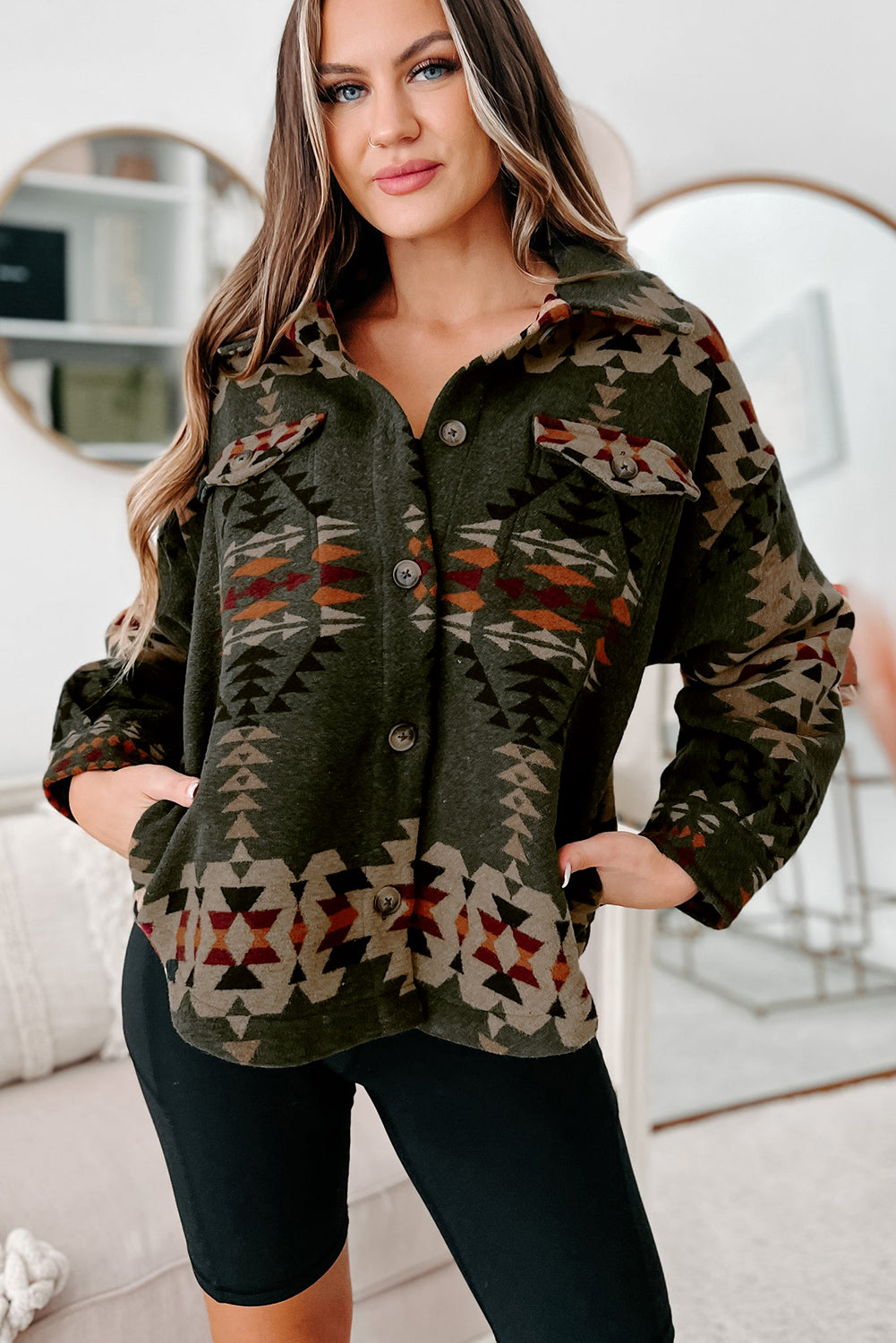 Chic green Aztec print long sleeve shacket with flap pockets