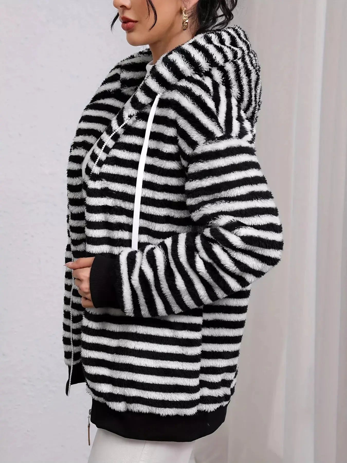 Striped Plush Zip-Up Hooded Outerwear Simply Love