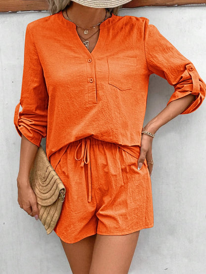 Notched Long Sleeve Top and Shorts Set.