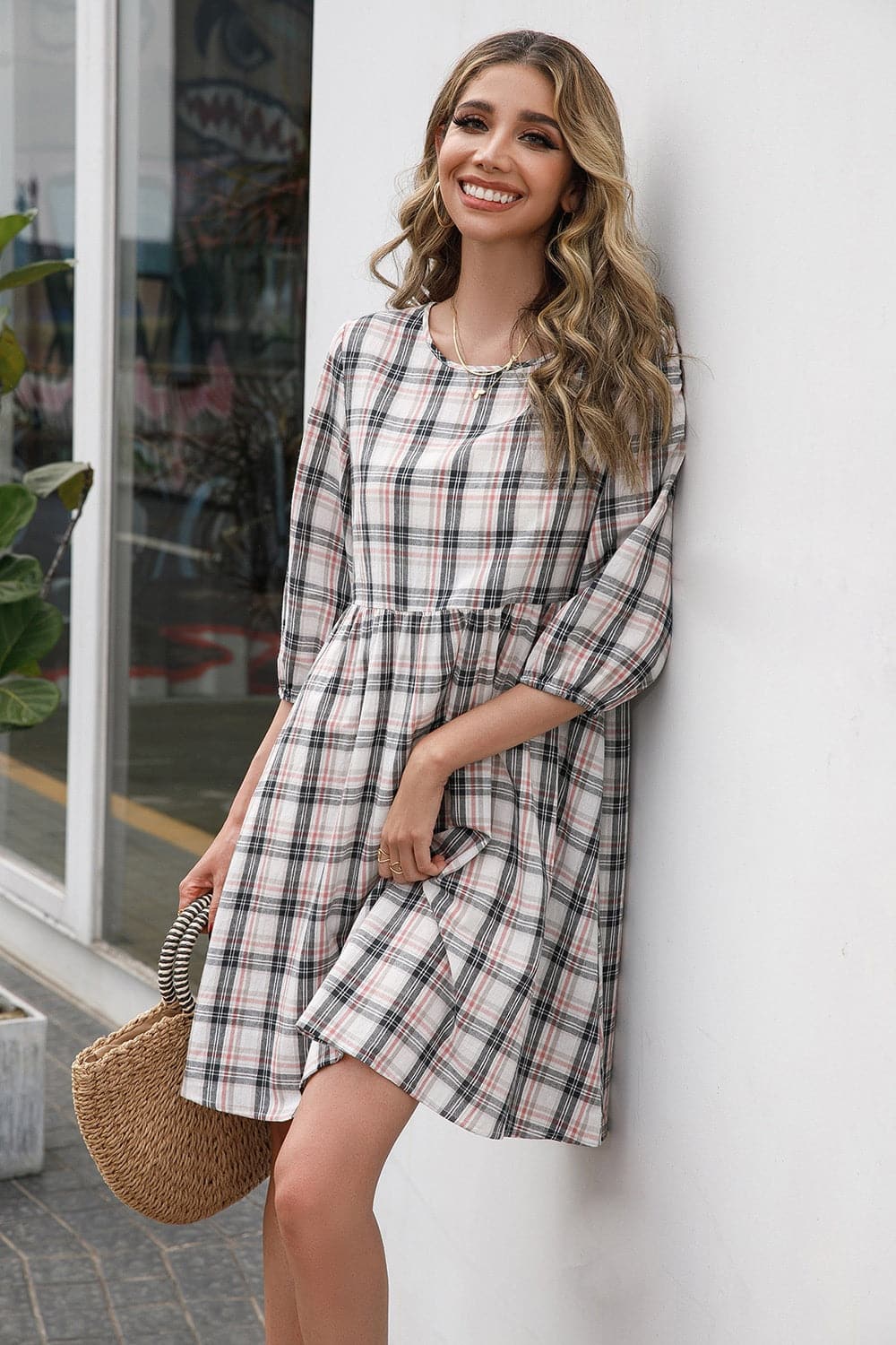 Plaid Round Neck Mini Dress.