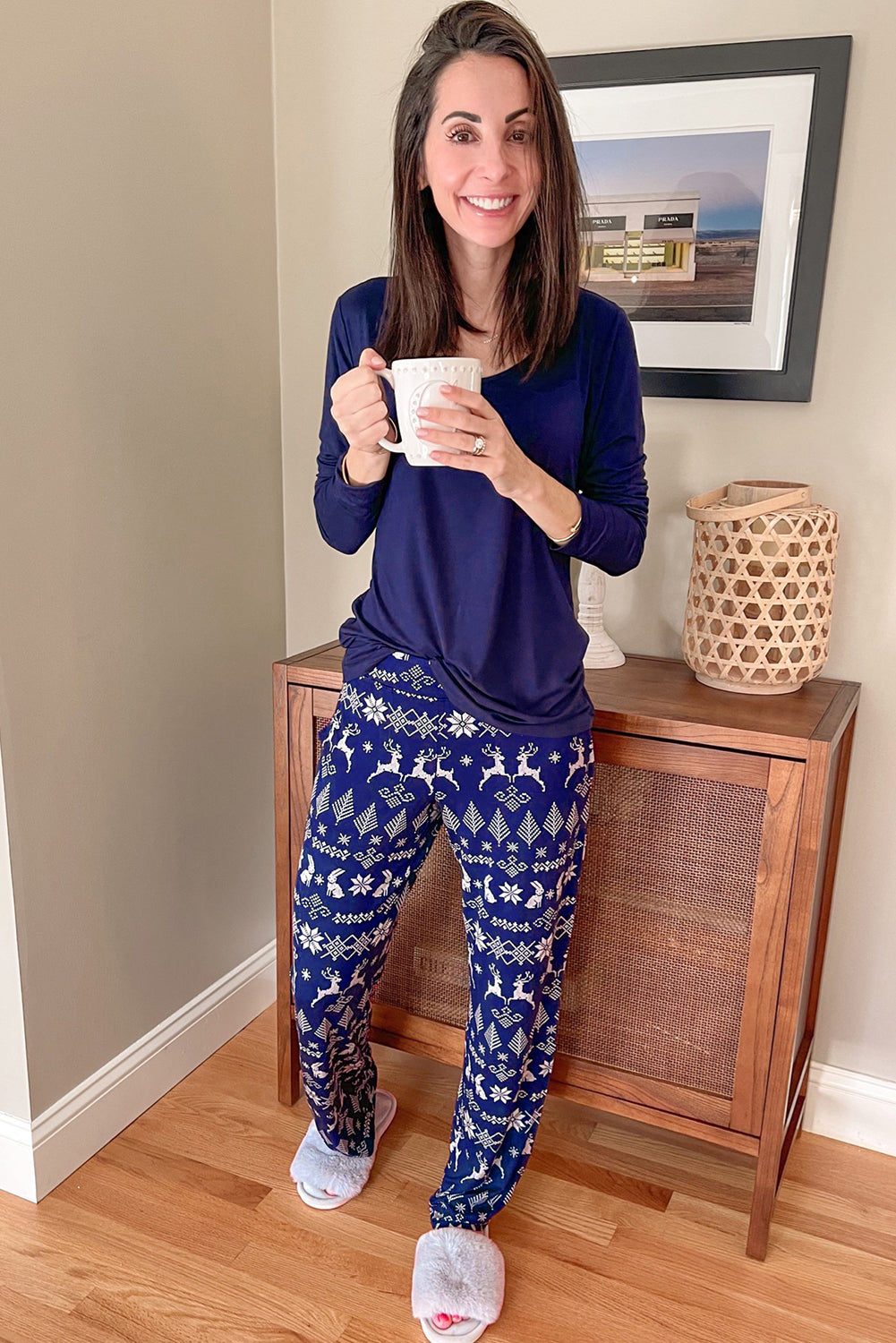 Blue Solid Top and Christmas Pants Two Piece Lounge Set