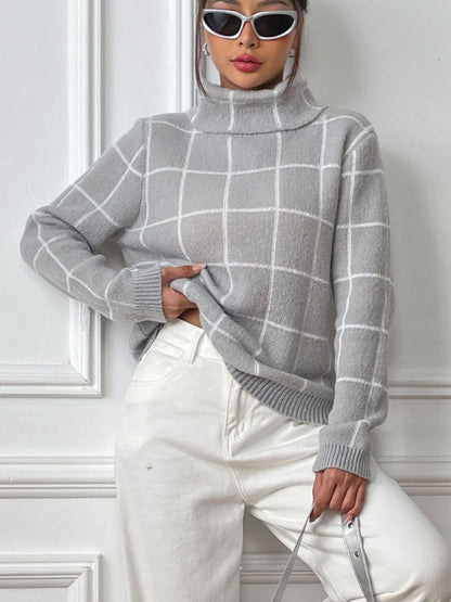 Cozy plaid turtleneck sweater with long sleeves