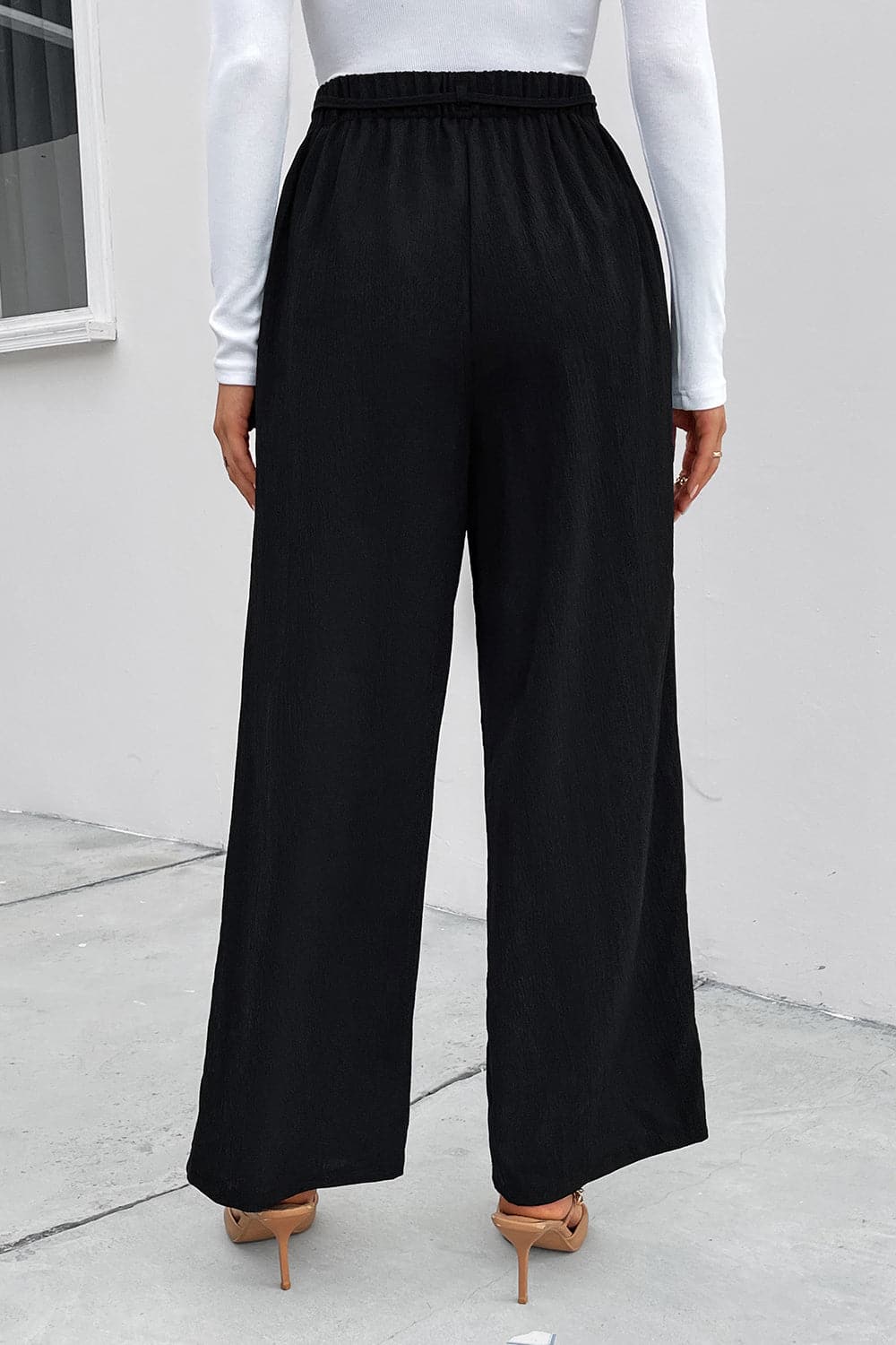 High Waist Ruched Tie Front Wide Leg Pants.