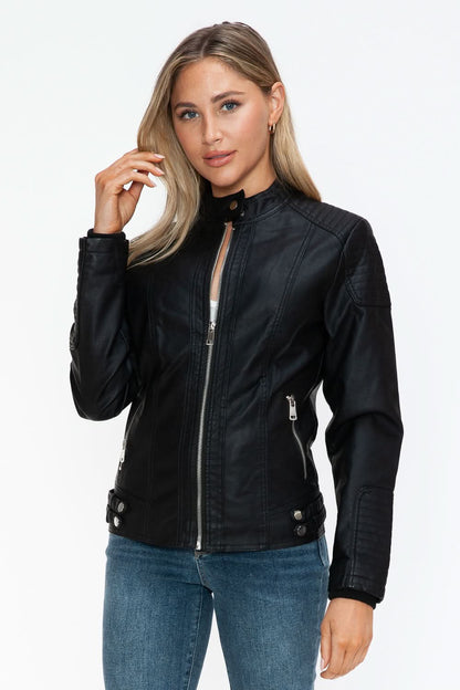 Snobbish Faux Leather Biker Jacket with Side Zip Pockets